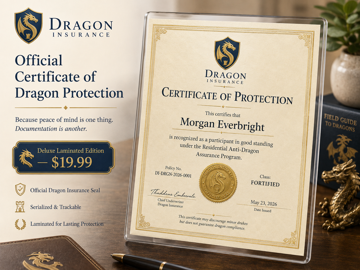 Laminated Dragon Insurance Certificate of Protection product display